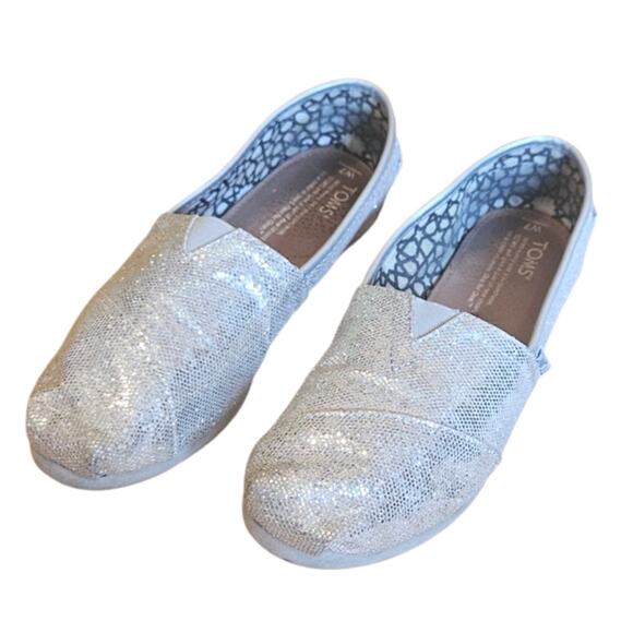 TOMS Silver Sparkle Glitter Flats Slip On Shoes Size 7 - Picture 1 of 9